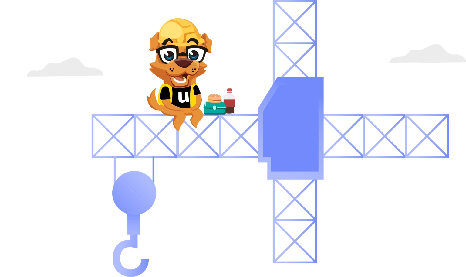 Mascota de UltraCasas sentada en la grúa